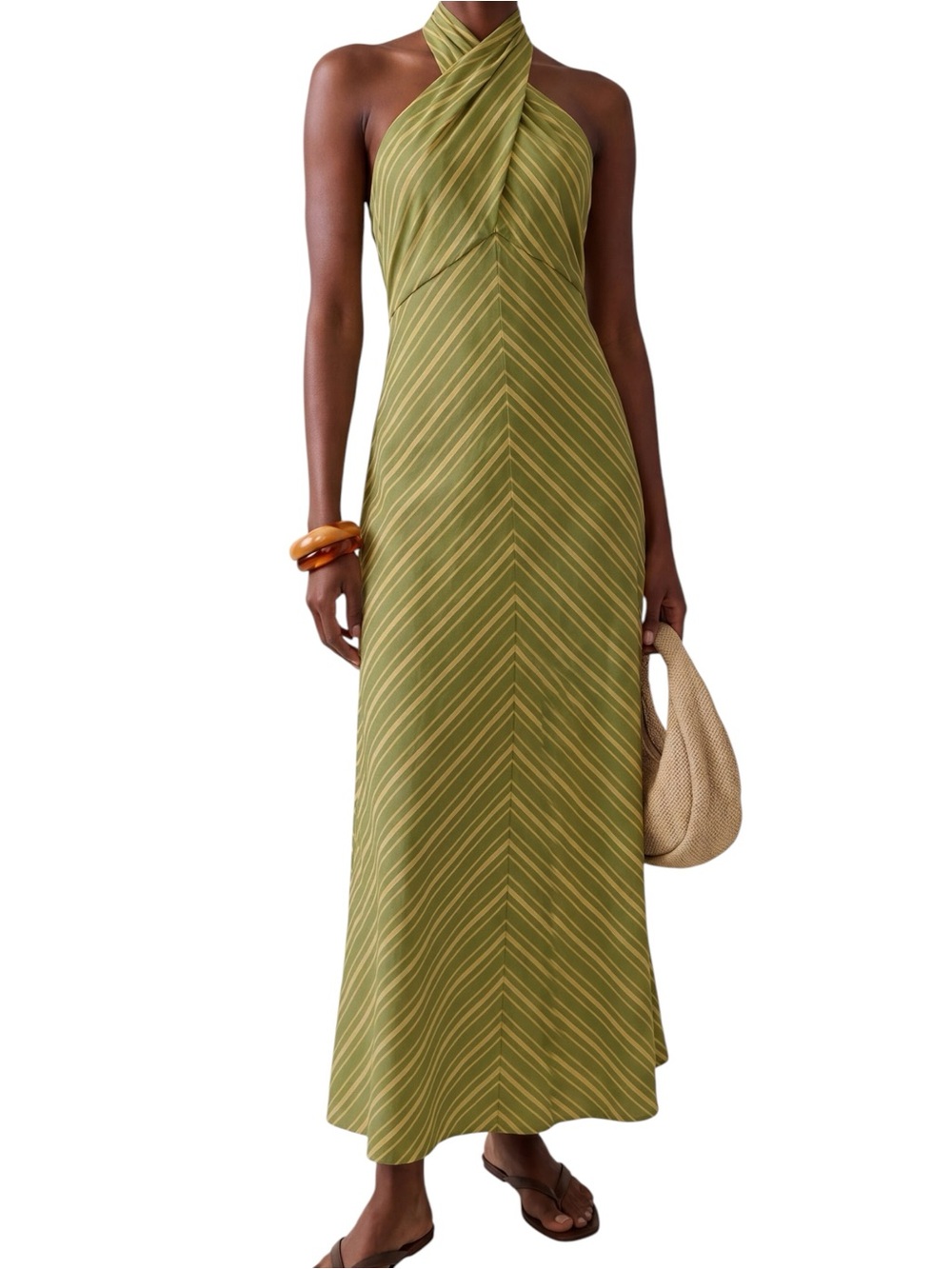 o.p.t. Noelle Cotton Dress Olive Green Yellow Halter Maxi Dress Stripe NWT
